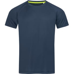 A navy blue men's active T-shirt with a raglan design and a contrasting lime green collar. It features a logo.