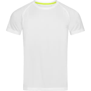 A white men's active t-shirt with short sleeves and a contrasting neon neckline. Features a logo on the design.