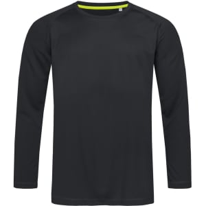 A long sleeve black active shirt with a lime green accent on the collar, featuring a logo.