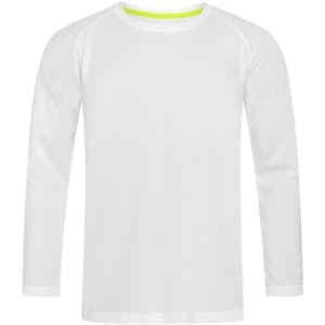A long sleeve white active shirt with a round neckline and a hint of neon yellow at the collar. It features a logo.