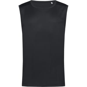 A black sleeveless active shirt with a smooth texture and no visible logos.