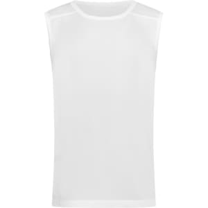 A white sleeveless active shirt with a mesh design, featuring a logo on the side.