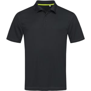 A black polo shirt featuring a modern design and a logo. It has a yellow accent on the collar.