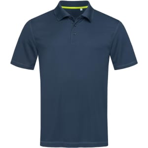 A dark navy men's polo shirt featuring a collar, three-button placket, and a contrasting inner collar.