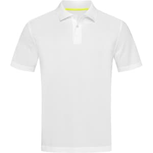 A white polo shirt featuring a collar and three buttons, with a green accent on the interior. Includes a logo.