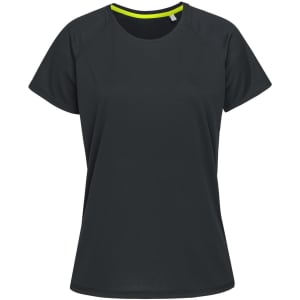 A dark green women's active t-shirt with a round neckline and a contrasting bright green trim. It features a logo.
