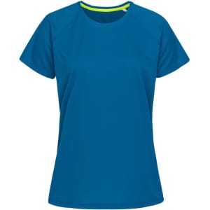 A blue women's active T-shirt featuring a crew neck and raglan sleeves, with a logo on the front.