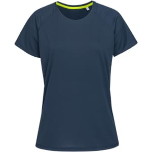 A dark navy blue women's t-shirt with a round neckline and short sleeves, featuring a subtle branding element.