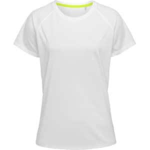 A white women's active t-shirt with short raglan sleeves and a neon green neckline, featuring a logo.