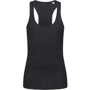 A black women's active tank top with a racerback design and a simple logo. Suitable for active wear.