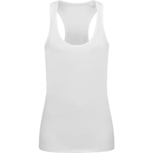 A white women's active tank top with a scoop neckline and racerback design, featuring a small logo.