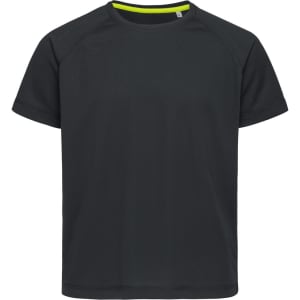 A dark green short-sleeve T-shirt with raglan sleeves and a bright yellow neck trim, featuring a logo.
