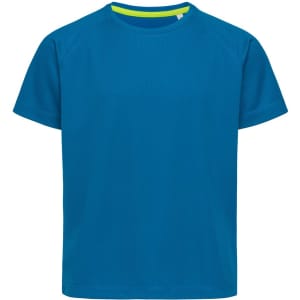A blue T-shirt with raglan sleeves and a contrasting neckline, featuring a logo on the front.