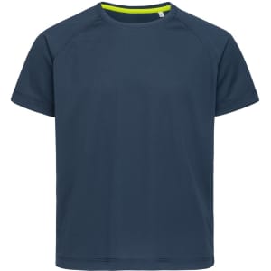 A navy blue kids' t-shirt with raglan sleeves and a contrast neckline. It features a logo on the side.