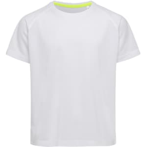 A white T-shirt with a raglan design and a neon green accent on the neckline. It features a logo.