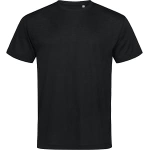 A black men's T-shirt made from active cotton, featuring a simple design and a logo on the label.