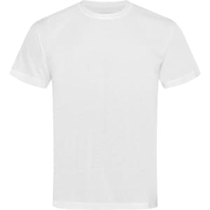 A plain white t-shirt with a crew neck and short sleeves, featuring a logo on the front.