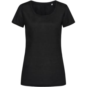 A black women's active cotton touch T-shirt with short sleeves and a scoop neckline. The shirt has a logo.