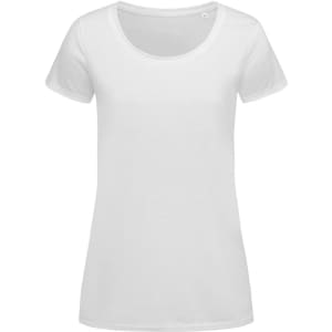 A white women's T-shirt with a scoop neckline and short sleeves, featuring a logo.