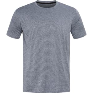 A grey patterned men's T-shirt with a round neck and short sleeves, featuring a logo on the chest.
