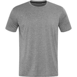 A grey T-shirt with short sleeves and a crew neckline. Features a logo on the front.