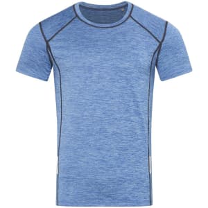 A blue men's recycled sports T-shirt with a fitted design and contrasting black seams. It features a logo.