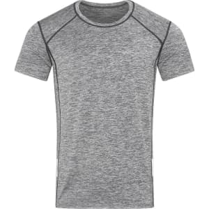 A grey short-sleeved T-shirt made from recycled materials, featuring a logo.
