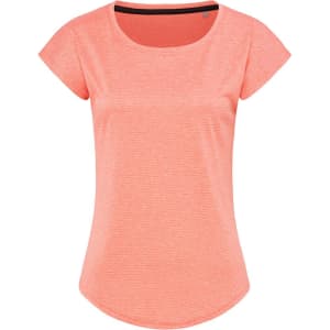 A women's short-sleeve t-shirt in a vibrant coral colour, featuring a subtle striped pattern and a branding logo.