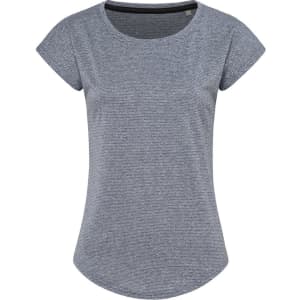 A women's T-shirt in grey with a fitted design and cap sleeves, featuring a logo.