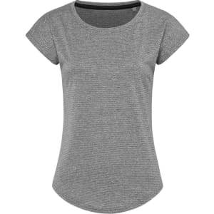 A grey women's recycled sports T-shirt with short sleeves and a rounded hem, featuring a logo.