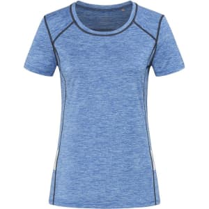 A blue athletic T-shirt with short sleeves and contrasting seams, featuring a logo.