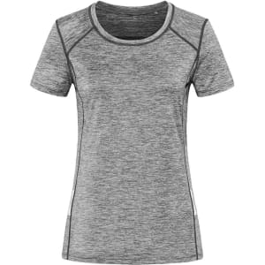A grey women's recycled sports T-shirt with short sleeves and a fitted design, featuring a subtle logo.