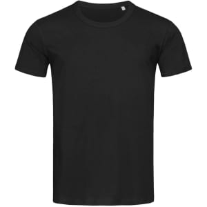 A black crew neck t-shirt featuring short sleeves and a branding logo.
