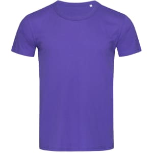 A purple crew neck t-shirt with short sleeves and a small logo on the upper side.