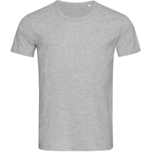 A grey crew neck t-shirt with short sleeves, featuring a small logo on the side.