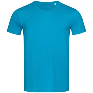 A bright turquoise men's crew neck t-shirt, featuring short sleeves and a plain design.