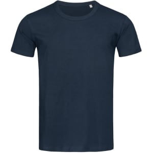 A navy blue crew neck t-shirt with short sleeves and a plain design. It features a logo on the tag.