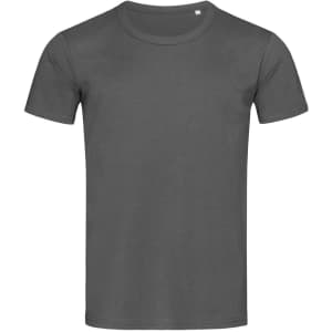 A grey crew neck t-shirt with short sleeves and a small logo on the upper side.