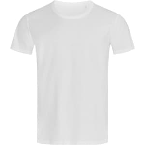A white crew neck t-shirt featuring short sleeves and a simple design, with a small logo on the label.