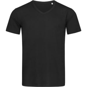 A black men's V-neck t-shirt with short sleeves and a simple design. It features a small logo.