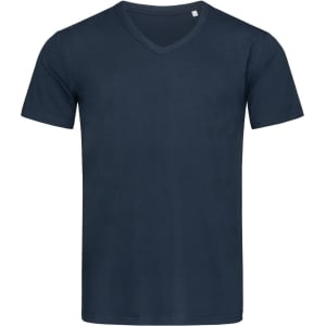 A navy blue men's t-shirt with a V-neck design. The shirt features a small logo on the neckline.