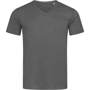 A grey men's V-neck T-shirt with short sleeves and a subtle logo on the side.
