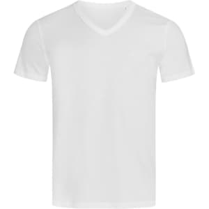 A white Men's Ben V-neck T-shirt with short sleeves and a V-neck design, featuring a logo.