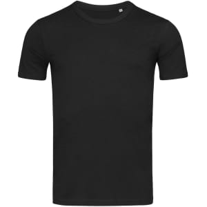 A plain black crew neck t-shirt with short sleeves. The shirt has a small logo on the front.