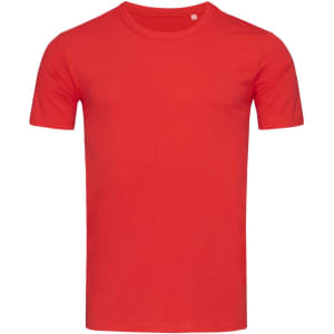 A red crew neck t-shirt featuring short sleeves and a simple design, with a logo present.