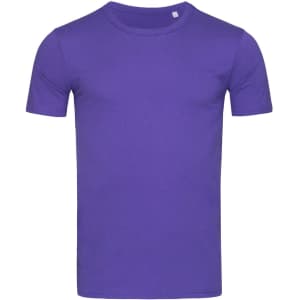 A purple men's crew neck t-shirt. It features short sleeves and a simple design with a logo.