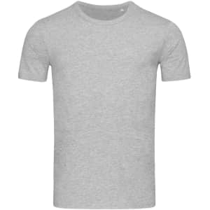 A light grey crew neck t-shirt with short sleeves, featuring a logo on the front.