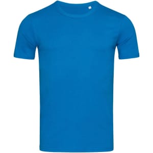 A bright blue men's crew neck t-shirt with short sleeves and a minimalistic design. It features a logo on the label.