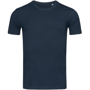 A navy blue men's crew neck t-shirt featuring short sleeves and a standard fit. It includes a logo.