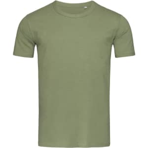 A green crew neck t-shirt with short sleeves and a subtle logo.